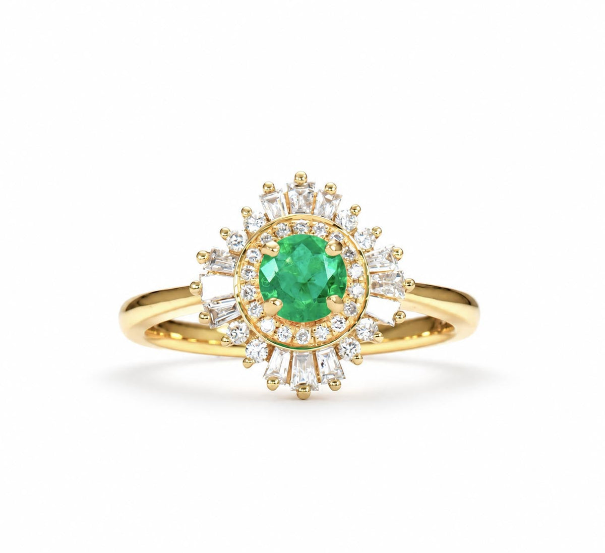 Natural Colombian emerald sunburst halo ring with diamonds in 18K yellow gold
