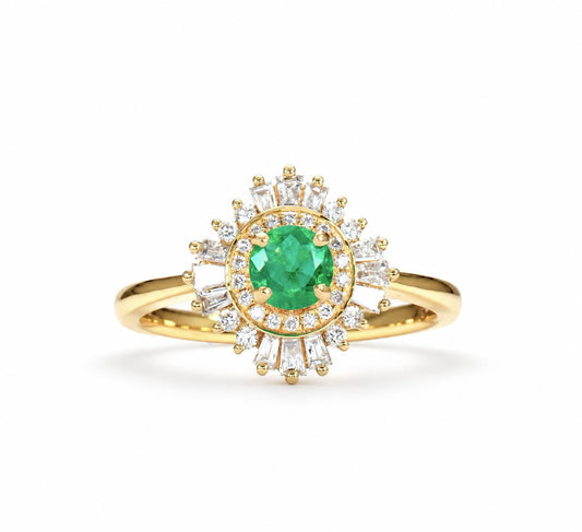Natural Colombian emerald sunburst halo ring with diamonds in 18K yellow gold