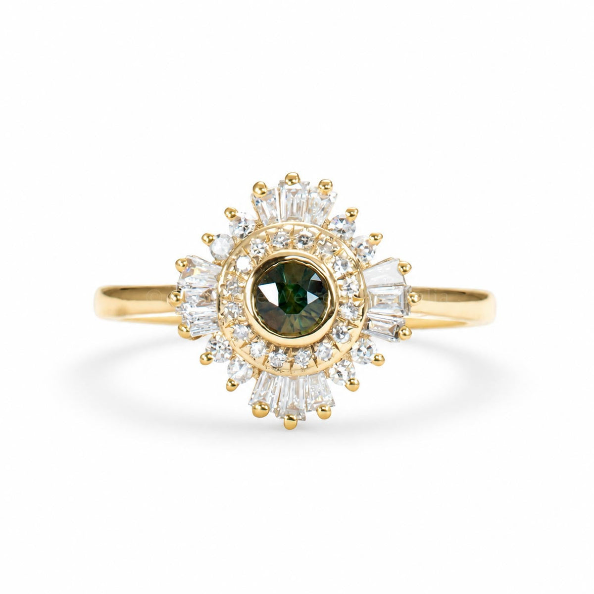 Round teal sapphire bezel set ring in 18K yellow gold