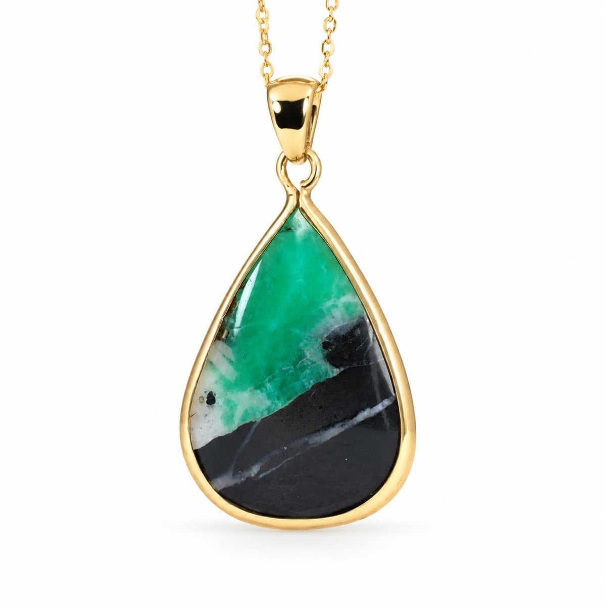 Natural Colombian emerald in matrix pear pendant in 18K yellow gold