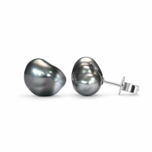 Baroque Tahitian pearl stud earrings in white gold