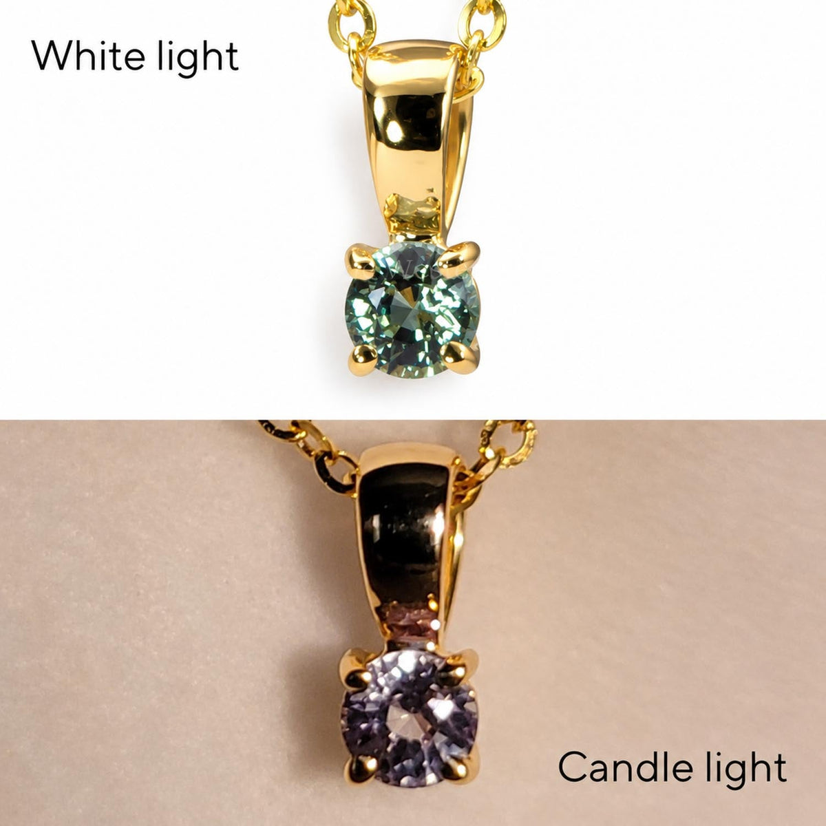 Natural alexandrite pendant in 18K yellow gold shown at an angle