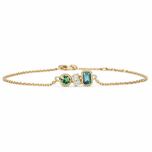 Dainty Australian teal sapphire and diamond bracelet in 18K yellow gold