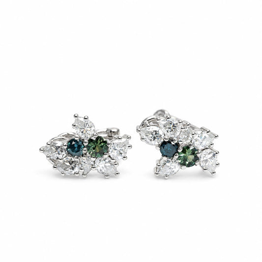Australian teal sapphire and moissanite pear cut cluster earrings in sterling silver 925