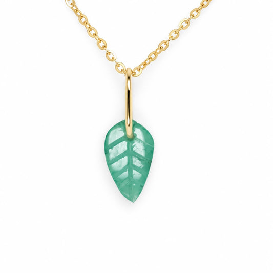 Custom cut Colombian emerald leaf pendant in 18K yellow gold