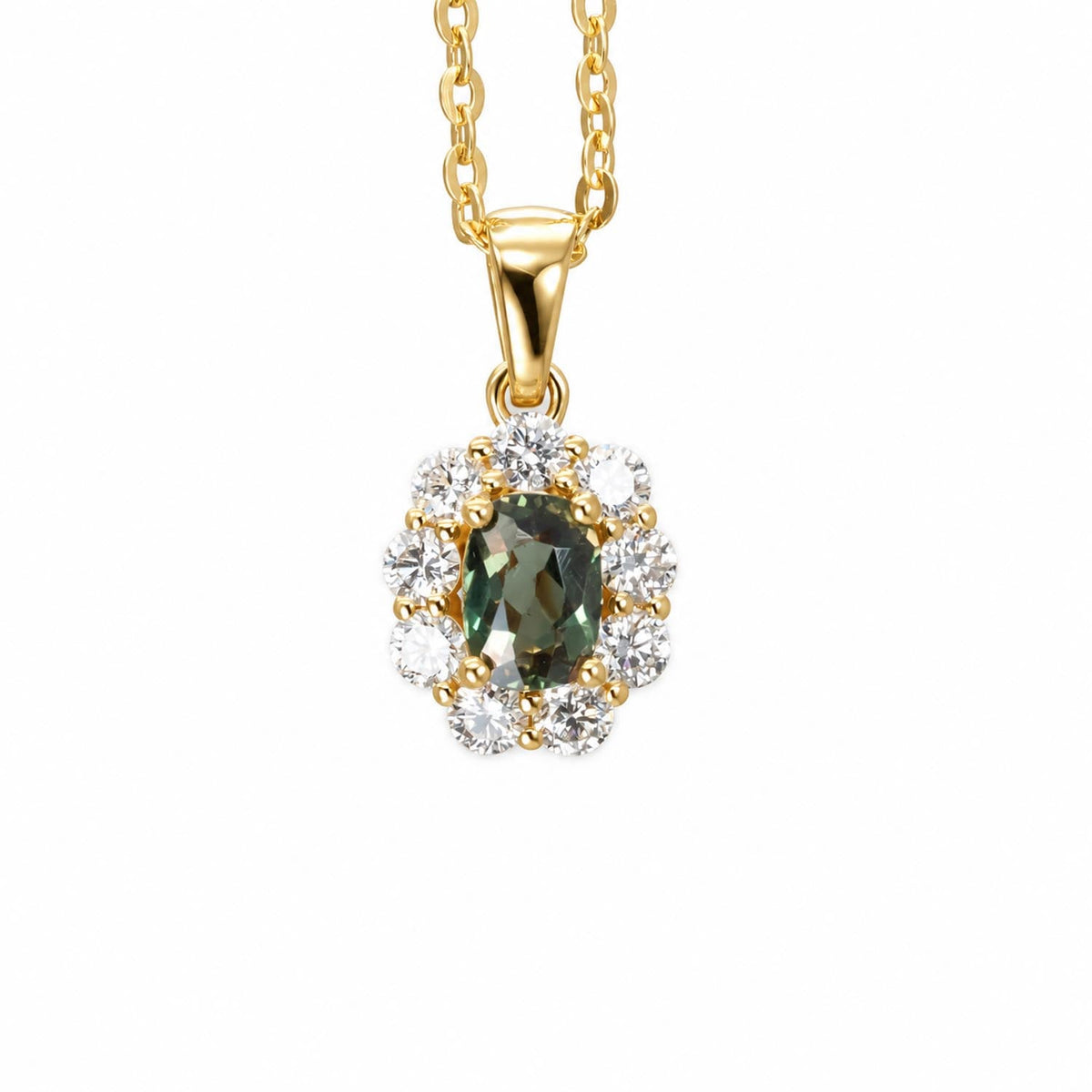 Natural alexandrite halo pendant 0.34ct cushion cut in 18K yellow gold