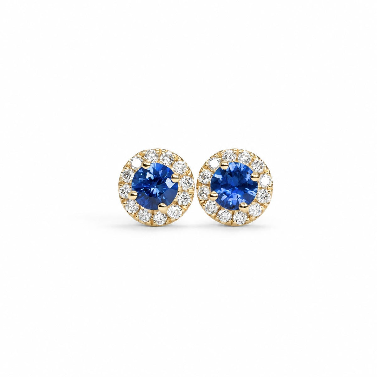 Blue sapphire and diamond halo stud earrings 0.97ct round pair in 18K yellow gold