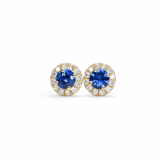Blue sapphire and diamond halo stud earrings 0.97ct round pair in 18K yellow gold