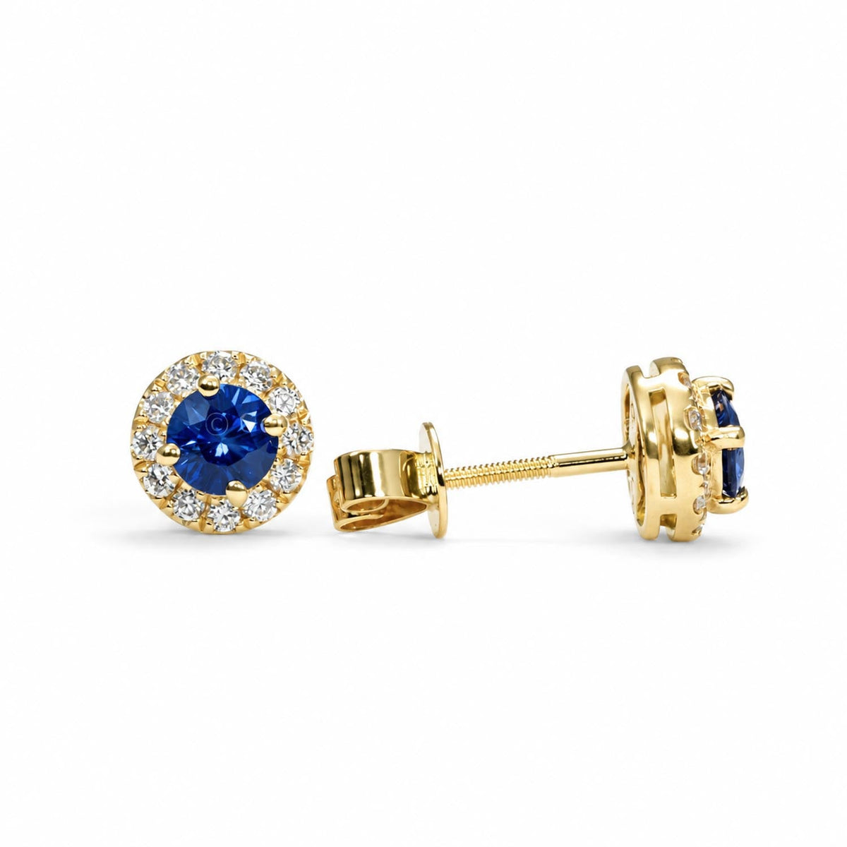 0.97ct blue sapphire diamond halo studs in 18K yellow gold, angled view