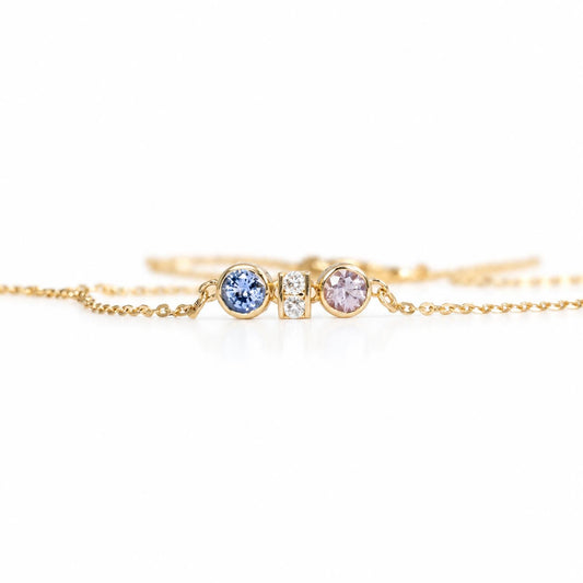 Pink sapphire and purple blue sapphire diamond pendant in 18K yellow gold