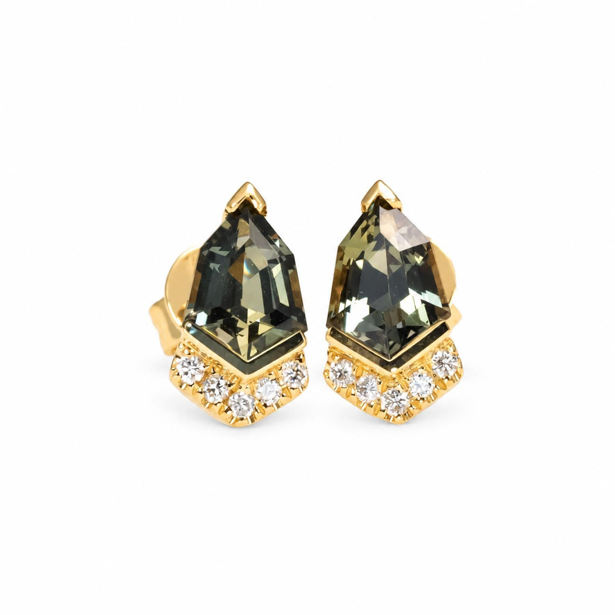 Shield cut teal sapphire and diamond stud earrings in 18K yellow gold