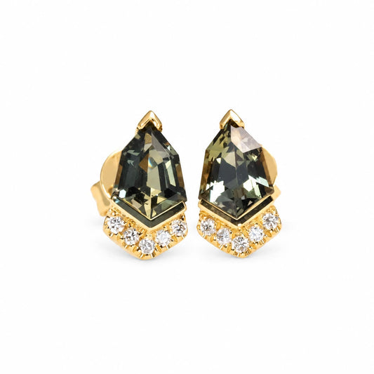 Shield cut teal sapphire and diamond stud earrings in 18K yellow gold