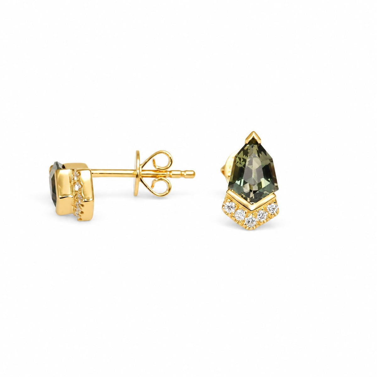 Shield cut teal sapphire diamond studs in 18K yellow gold, angled view