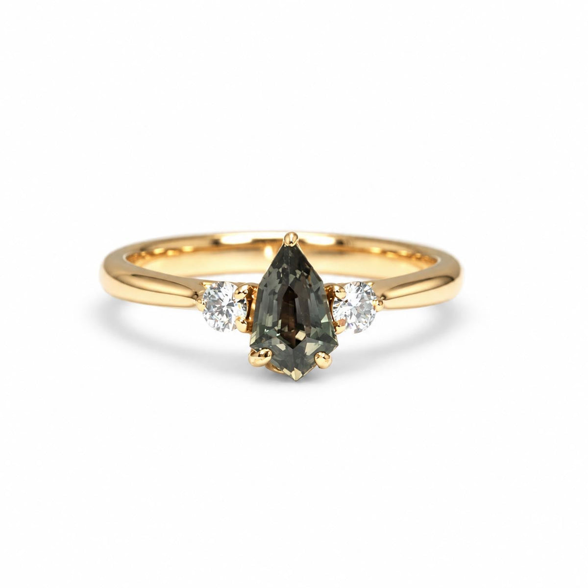 Side profile of the shield cut teal sapphire diamond ring in rose gold