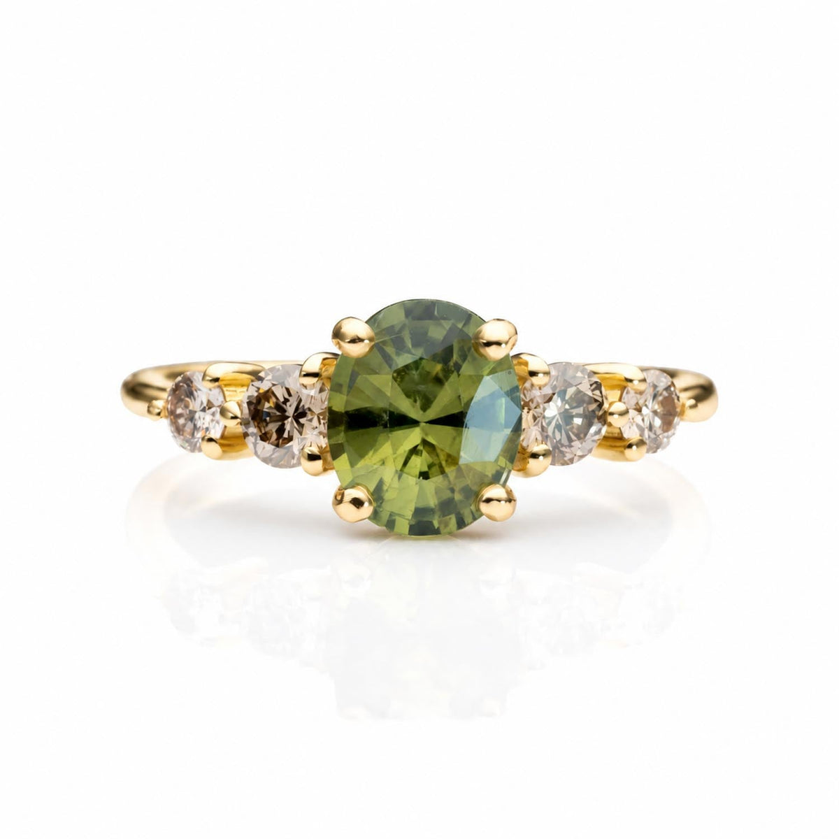 Green sapphire and Argyle champagne diamond ring 1.63ct oval cut in 18K yellow gold