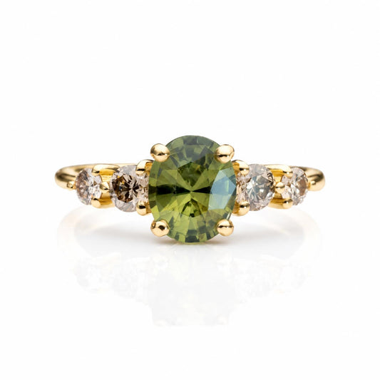 Green sapphire and Argyle champagne diamond ring 1.63ct oval cut in 18K yellow gold