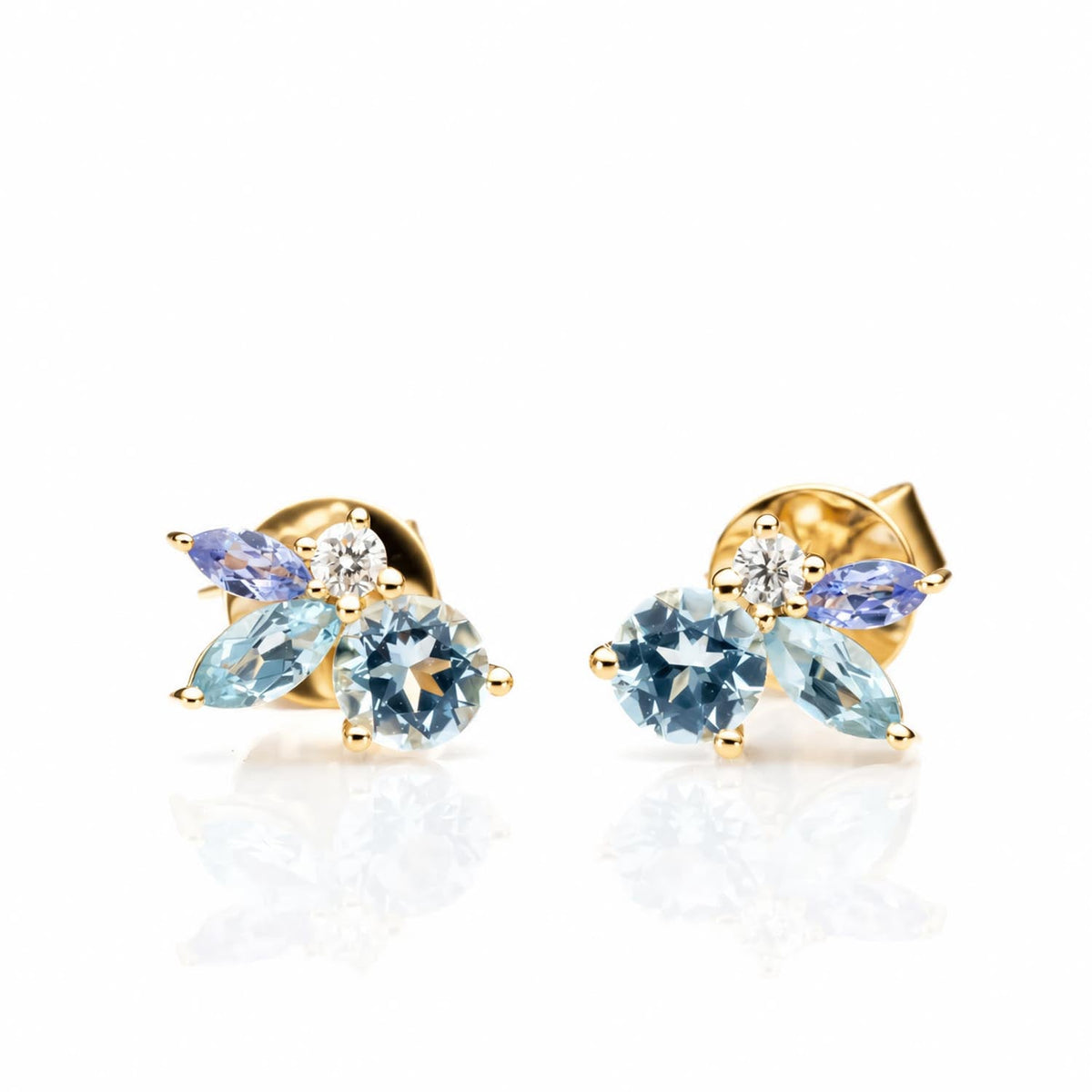 Aquamarine, topaz and tanzanite diamond earrings in 18K yellow gold