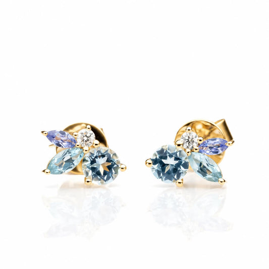 Aquamarine, topaz and tanzanite diamond earrings in 18K yellow gold