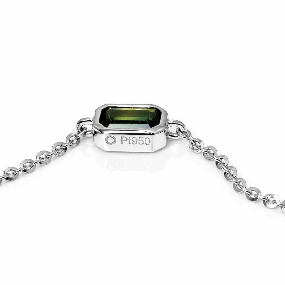 Octagon cut Australian teal sapphire platinum bracelet shown at an angle