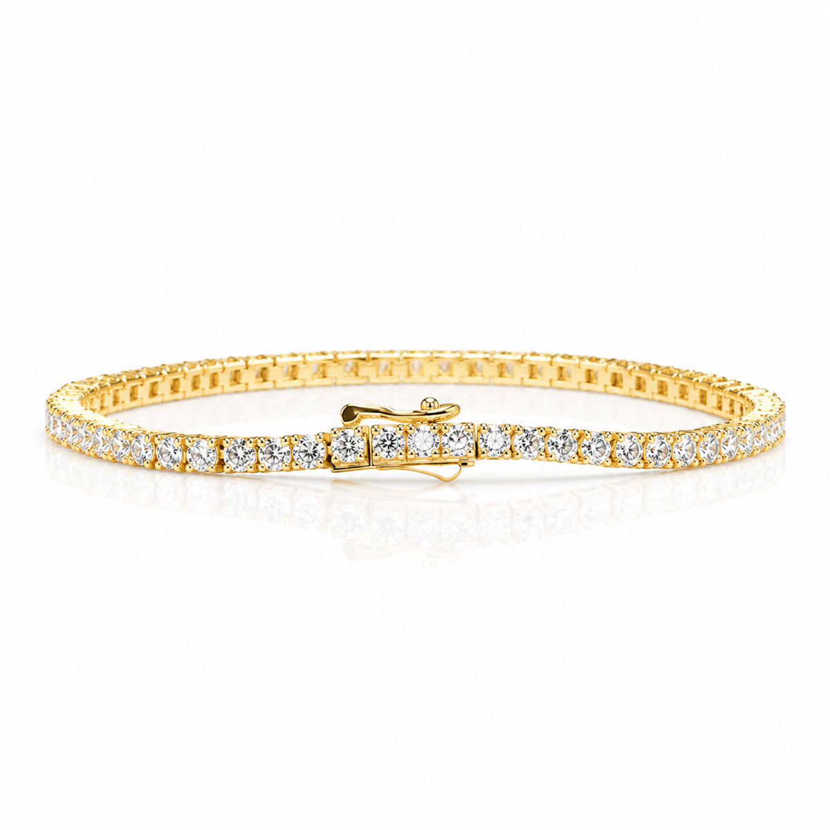 view of the closing mechanism of a diamond tennis bracelet with round brilliant cut diamonds shown on a white background