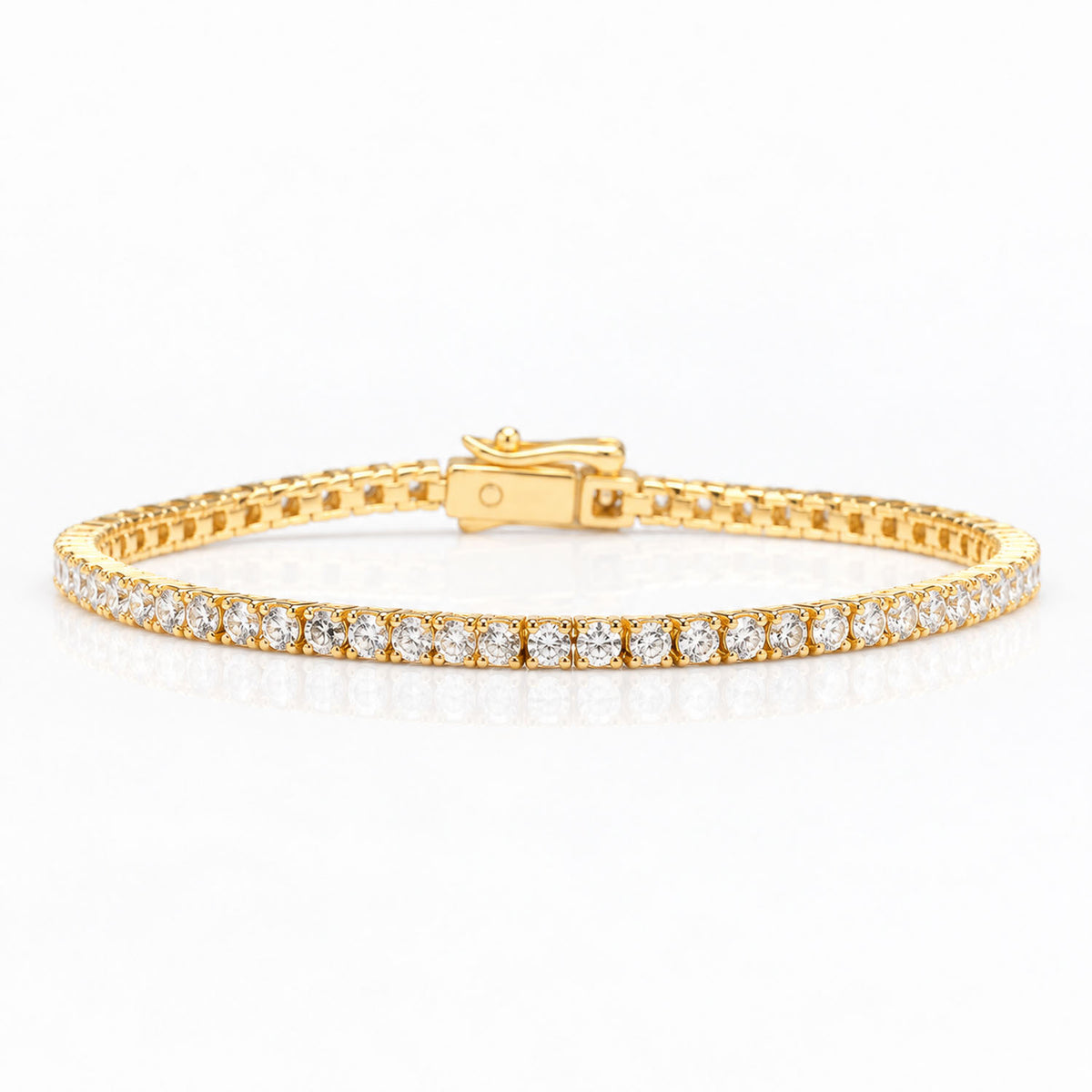 a yellow gold diamond tennis bracelet shown on a white background with a soft reflection 