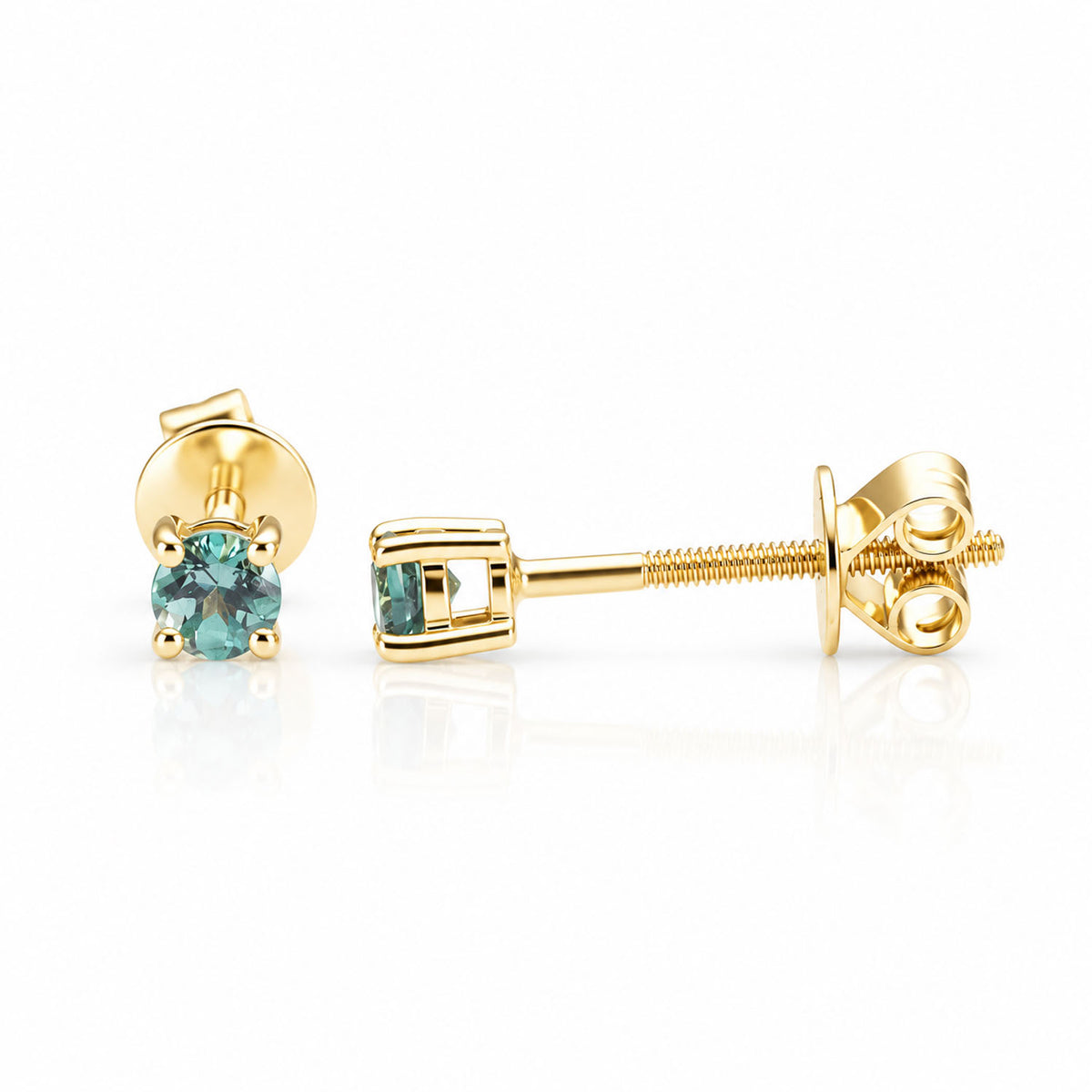 A pair of 18K yellow gold stud earrings with natural alexandrites as centre stones shown in a white background with a soft reflection one earrings being shown in its front view and the other, from its side view displaying its screw back closure 