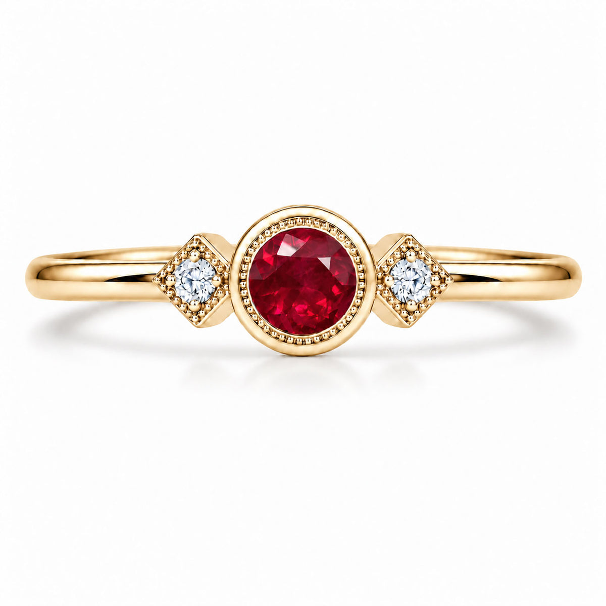 Vintage ruby and diamond ring with milgrain in 9K yellow gold