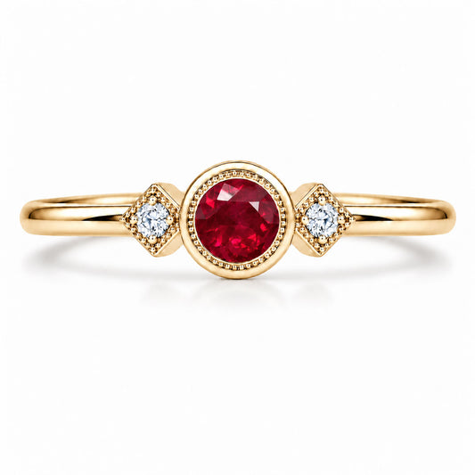 Vintage ruby and diamond ring with milgrain in 9K yellow gold