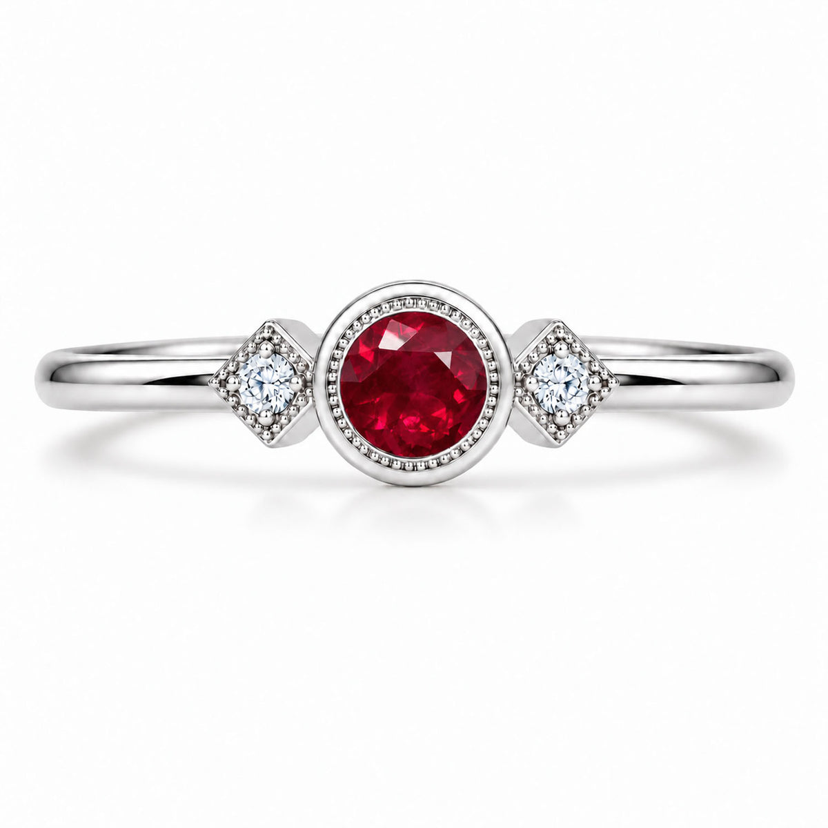 Vintage ruby and diamond ring with milgrain in 9K white gold