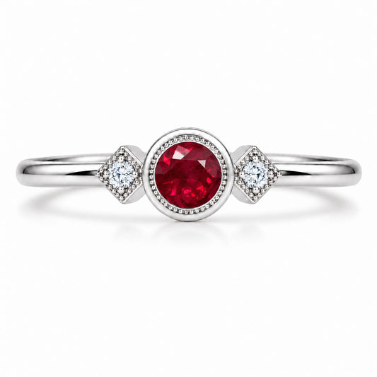 Vintage ruby and diamond ring with milgrain in 9K white gold