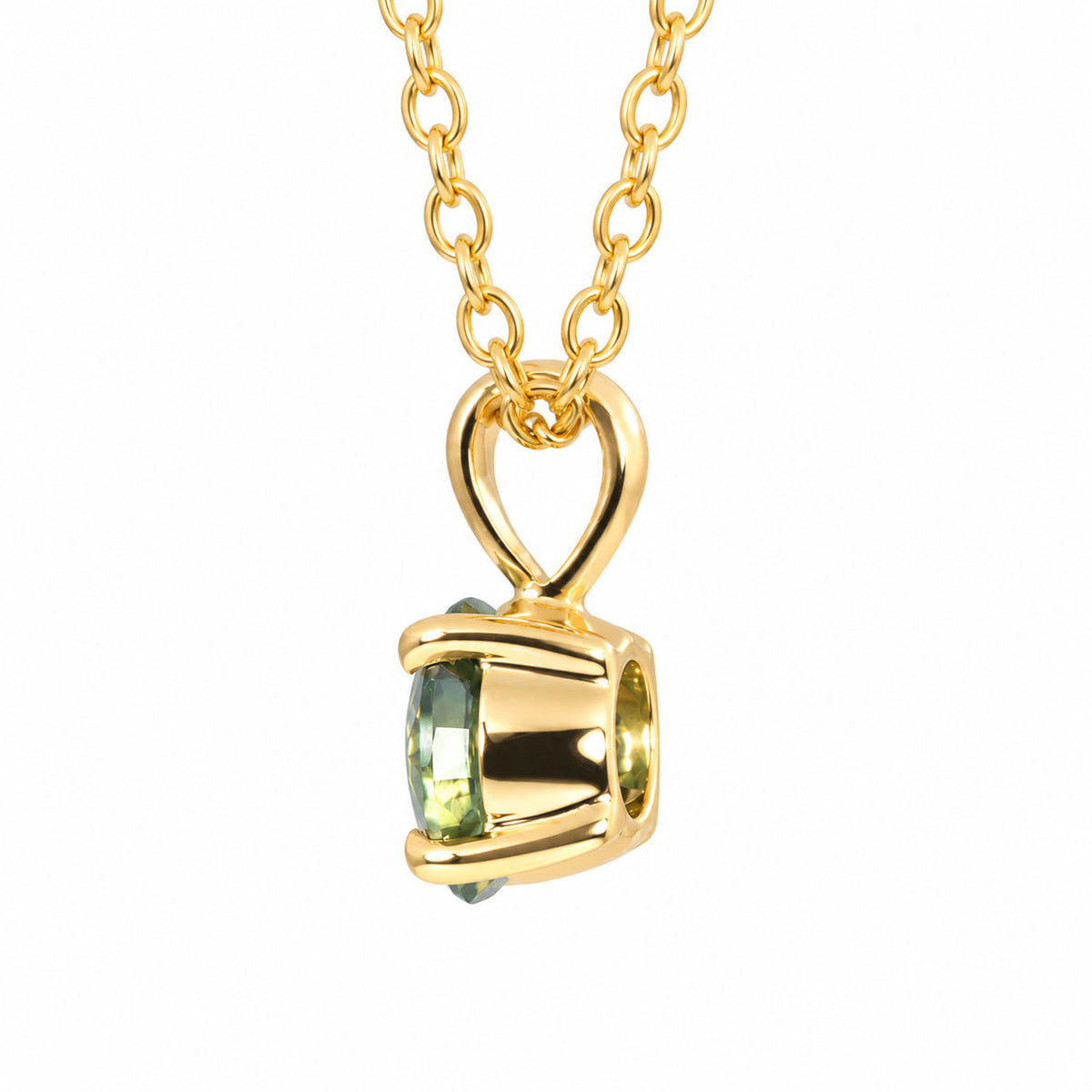 0.78ct unheated teal sapphire pendant in 18K yellow gold, side view showing four-claw setting and bail