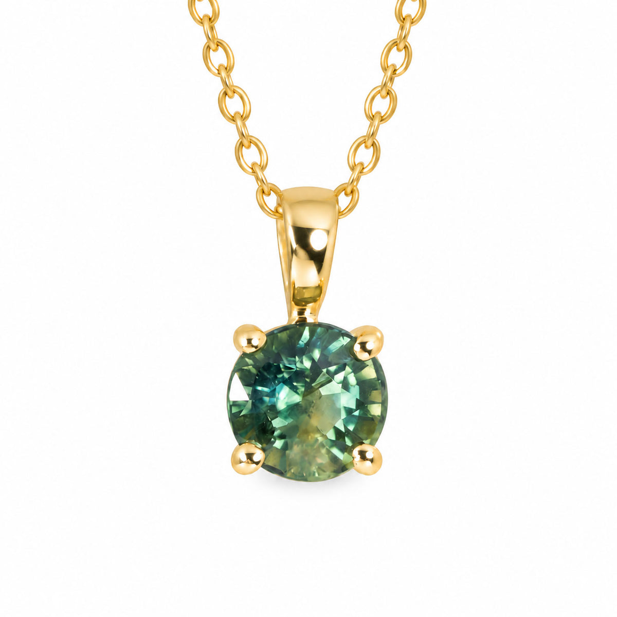 0.78ct natural unheated round teal sapphire solitaire pendant in 18K yellow gold