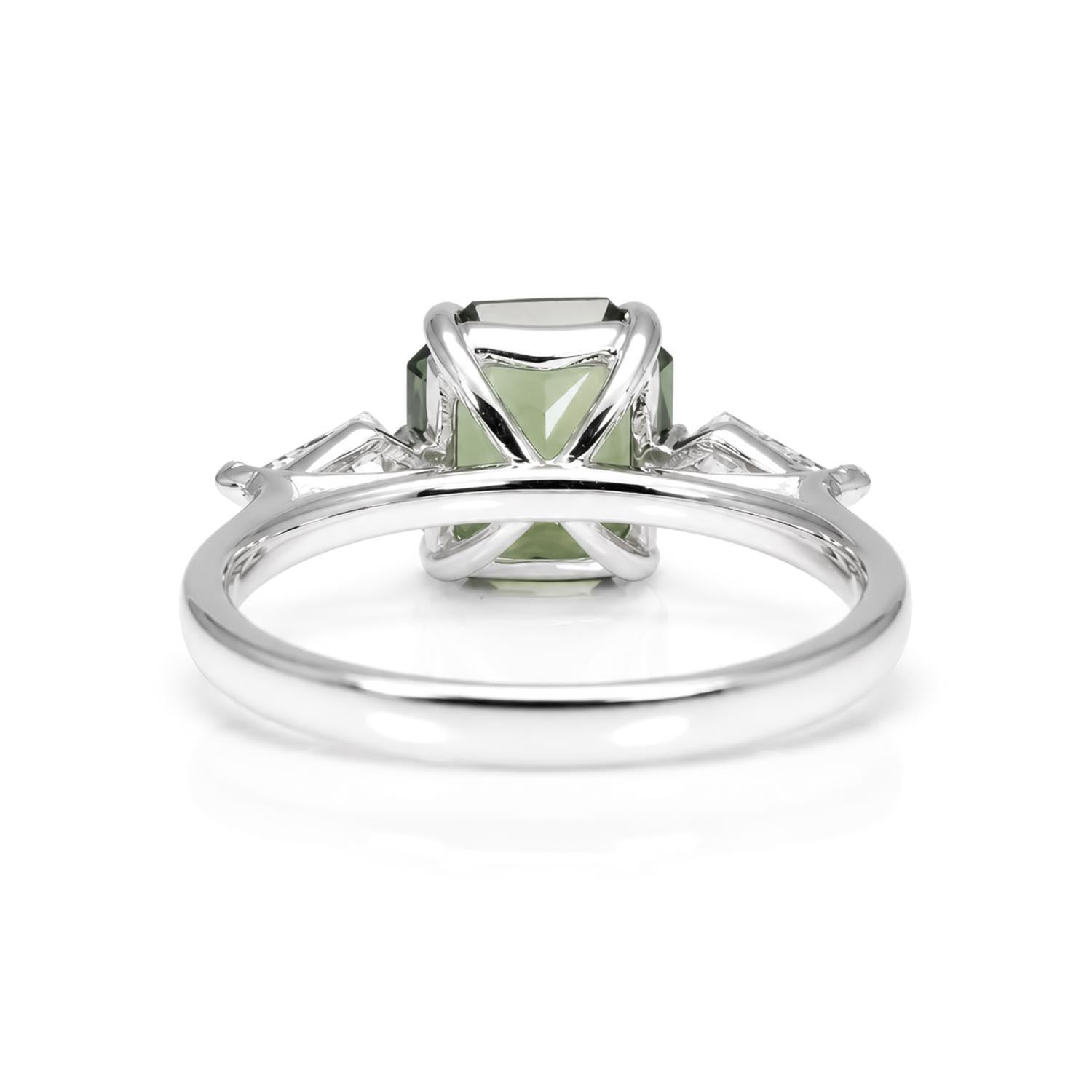 back view of Natural Teal Sapphire & Kite Diamond Ring in Platinum on white background