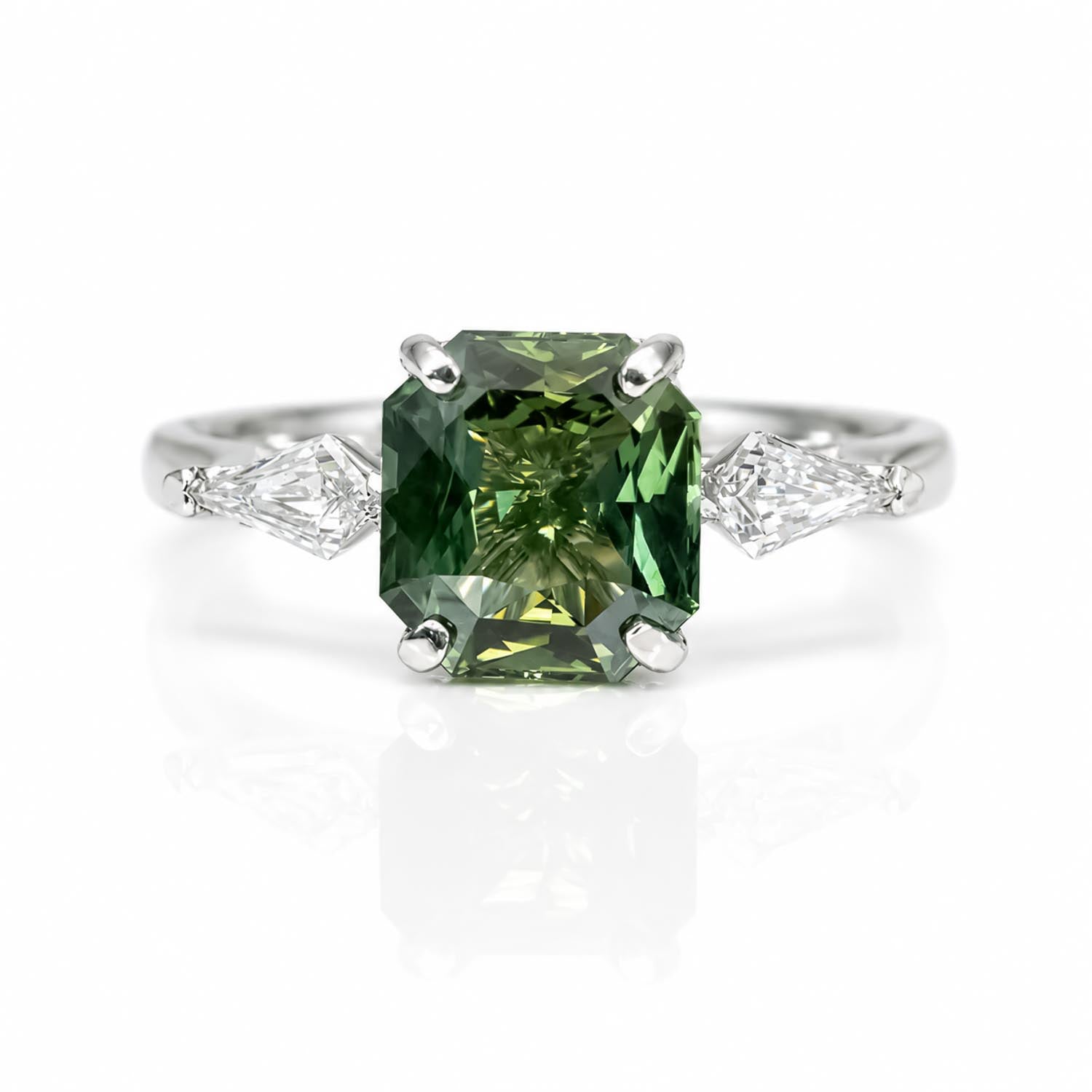 front view of Natural Teal Sapphire & Kite Diamond Ring in Platinum on white background