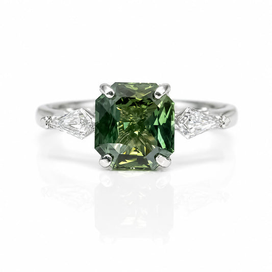front view of Natural Teal Sapphire & Kite Diamond Ring in Platinum on white background