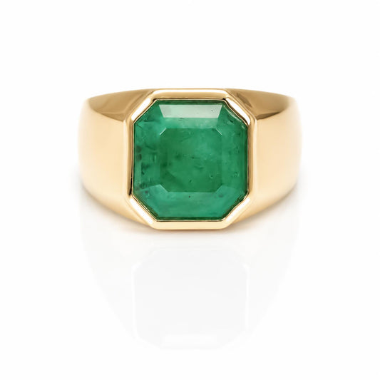 front view of 7.91CT Natural Colombian Emerald Men’s Ring in a white background