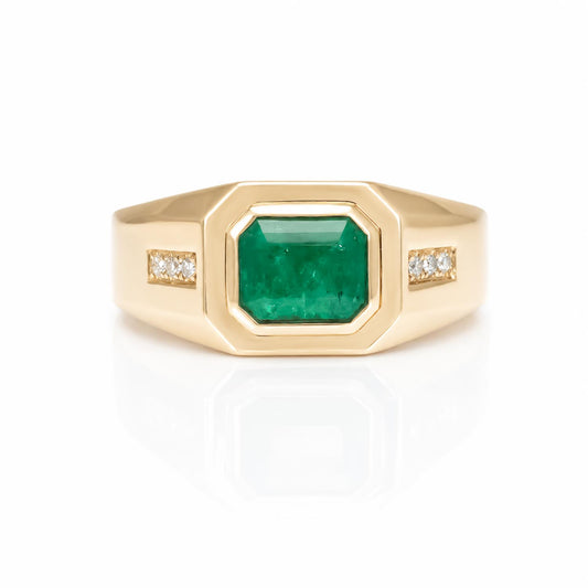 Natural Colombian Emerald & Diamond Men's Ring in 14K Yellow Gold