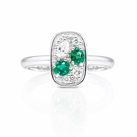 front view of a Natural Colombian Emerald & Diamond Composition Ring in Platinum in white background