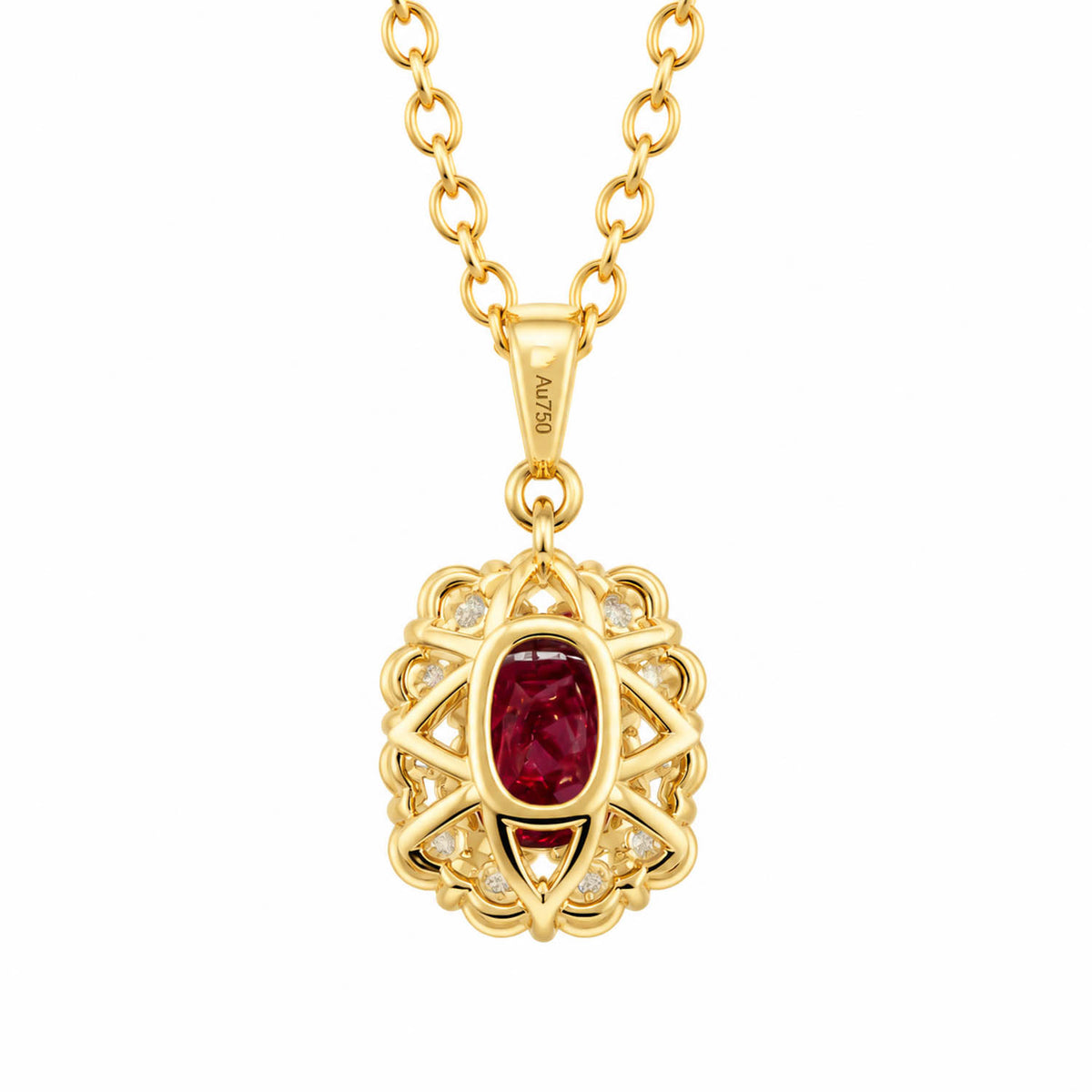 View of the back of a gold pendant necklace featuring a central ruby showing filigree details and small clear accent stones, shown on a plain white background.