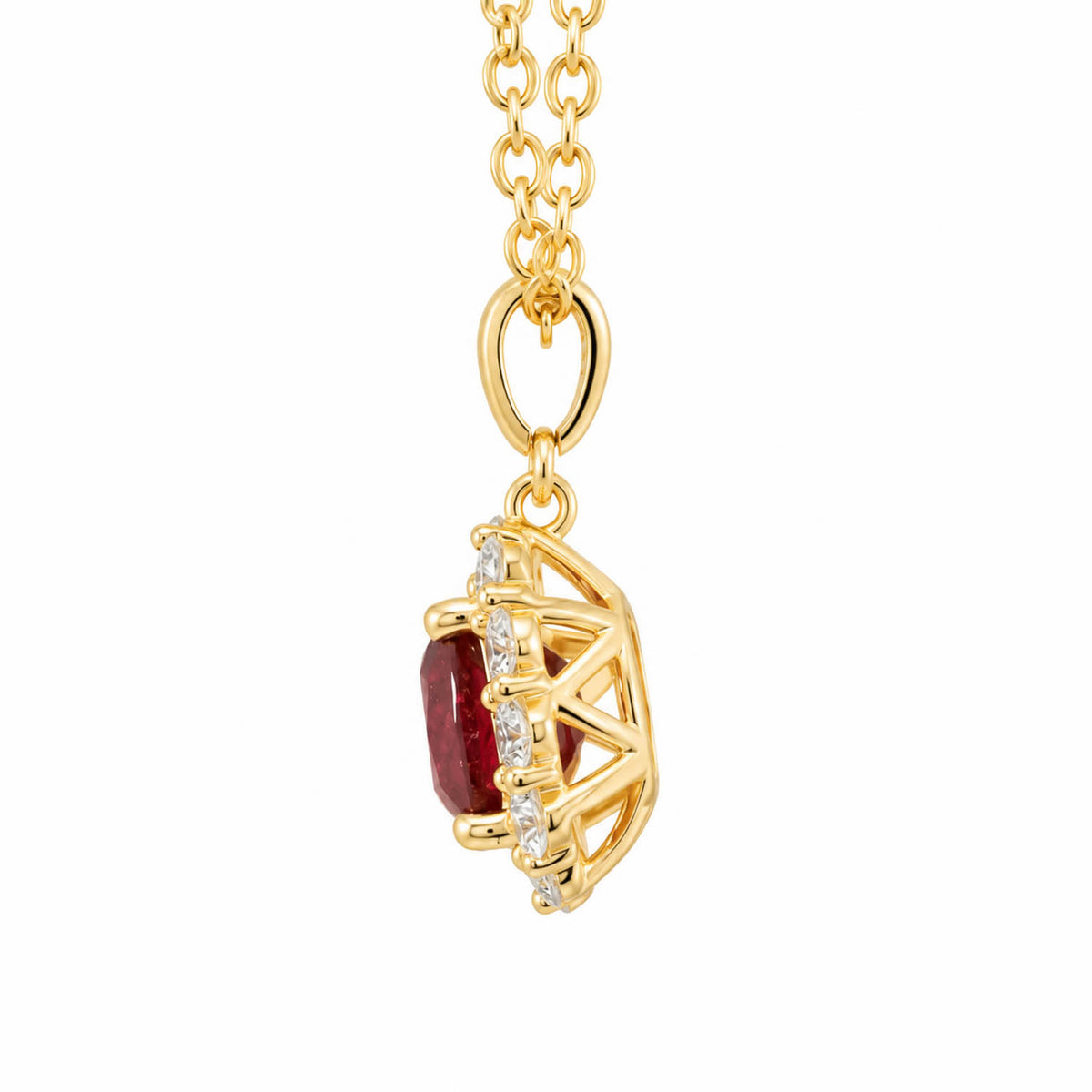 View of the side profile of a  pendant that has a natural ruby surrounded by diamonds, hanging from a gold chain