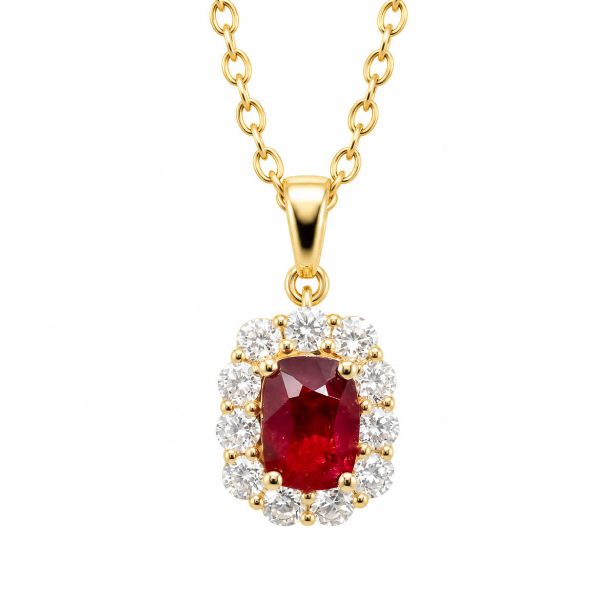 A gold pendant with a ruby gemstone at the centre surrounded by round diamonds and set in 18K yellow gold 