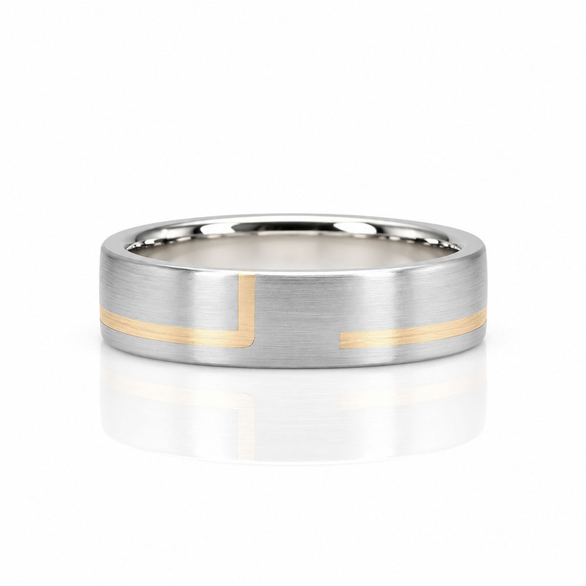 A brushed platinum ring band with two parallel gold inlay lines, one horizontal and one vertical, forming an L-shape. The ring is photographed on a clean white background with a soft reflection underneath.