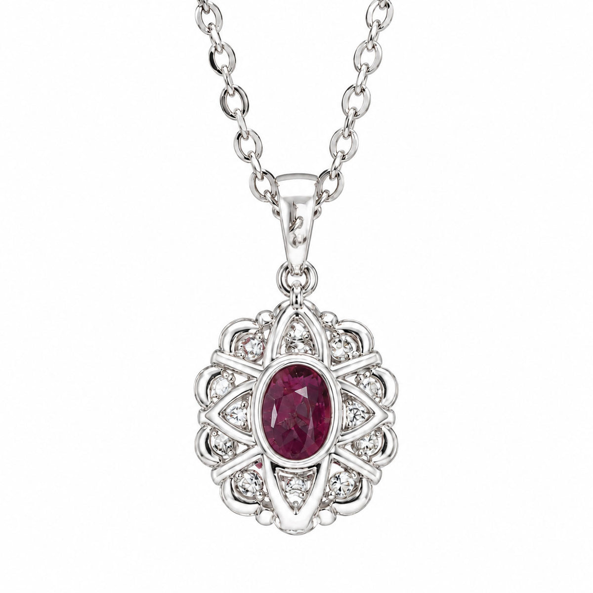 view of the back of a platinum pendant with a centre oval cut ruby on a white background