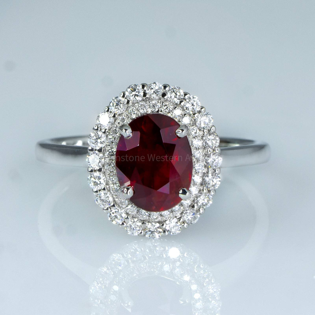 Natural Unheated Ruby and Diamond Halo Ring 18K Gold