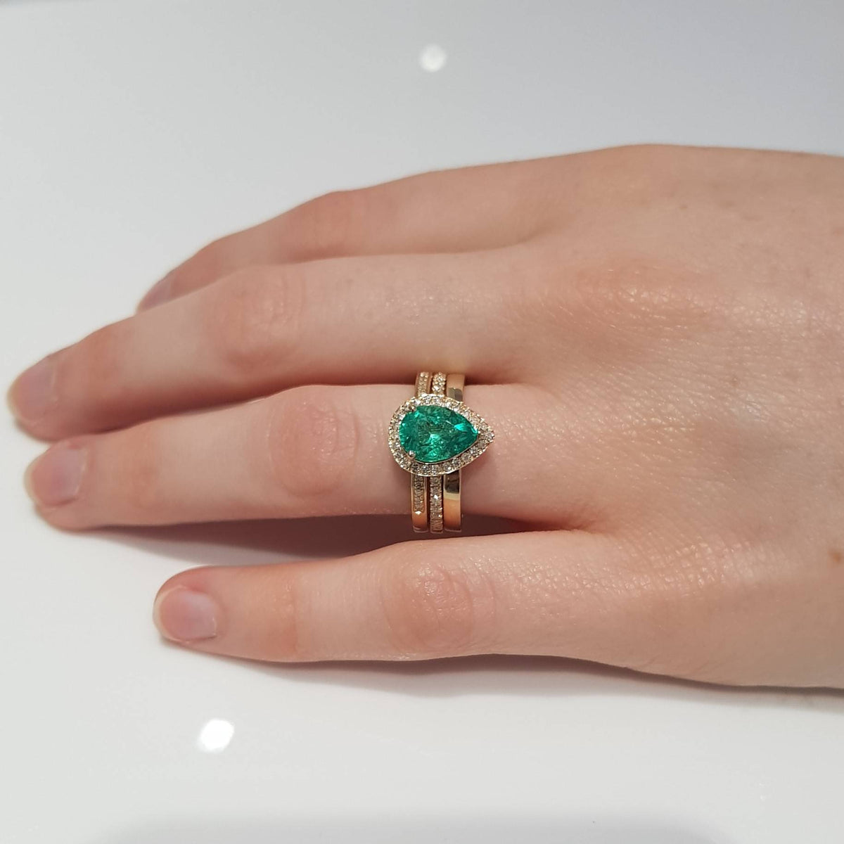 18K Yellow Gold Colombian Emerald  Diamond Ring set.