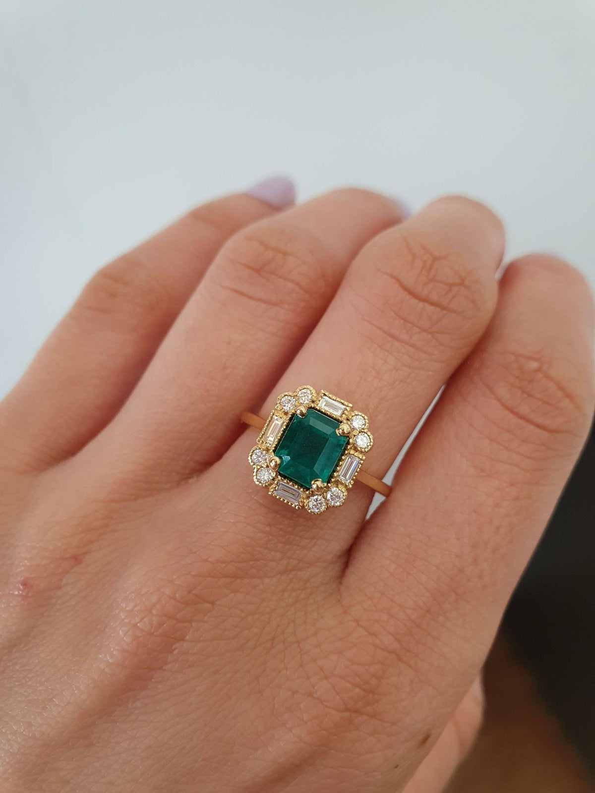 Art Deco Style Colombian Emerald Ring Emerald and Diamond Dress / Statement Ring