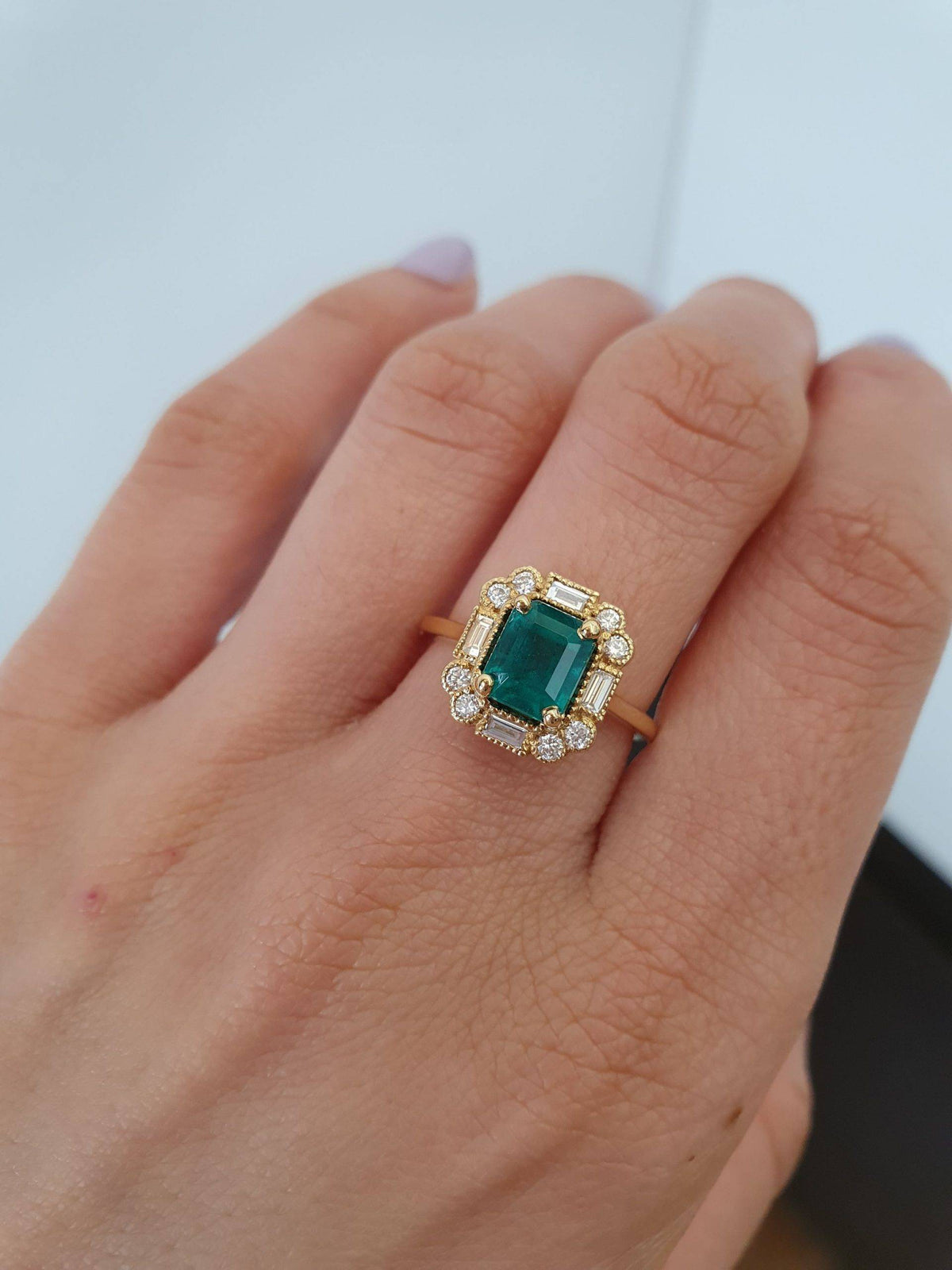 Art Deco Style Colombian Emerald Ring Emerald and Diamond Dress / Statement Ring