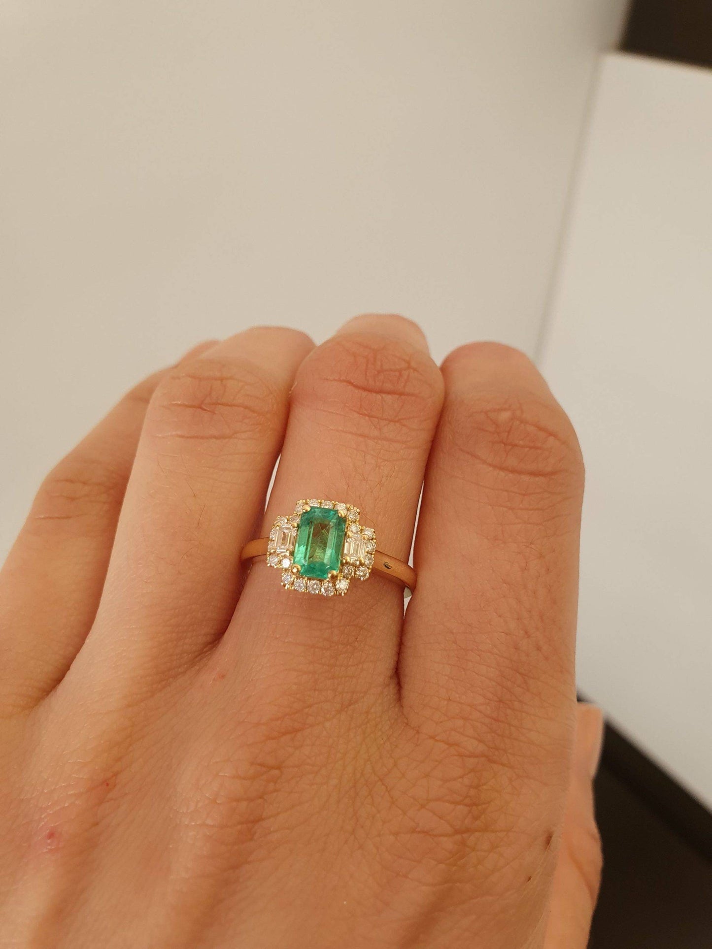 Colombian Emerald Three Stone Halo Ring Emerald and Diamond Three Stone Ring