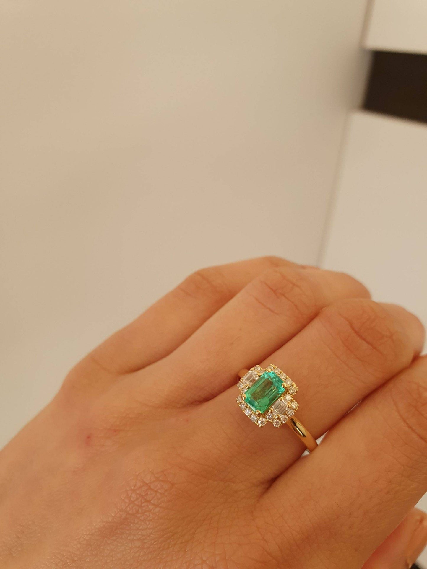 Colombian Emerald Three Stone Halo Ring Emerald and Diamond Three Stone Ring