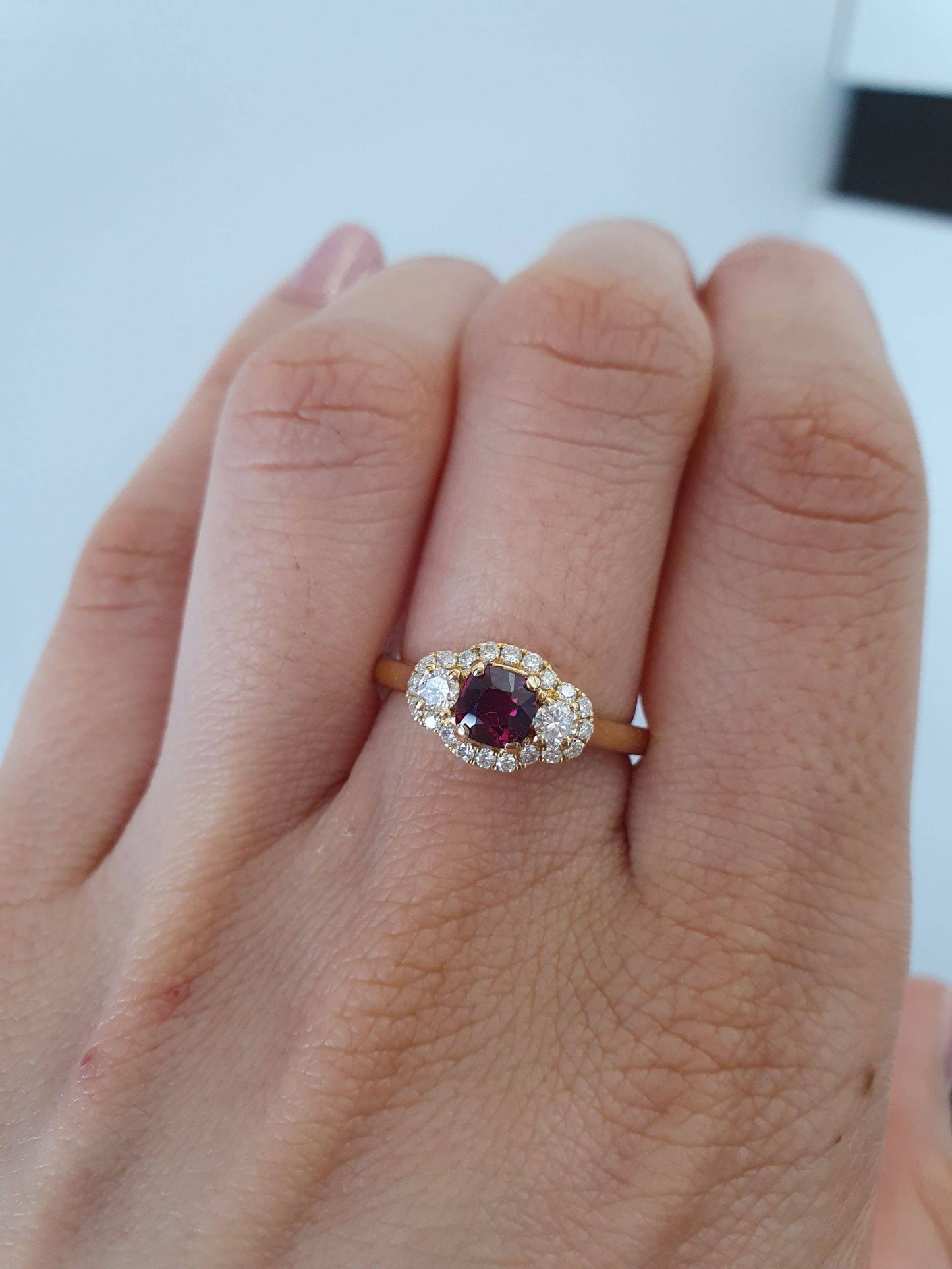 Natural Ruby Three Stone Ring | Ruby Halo Ring